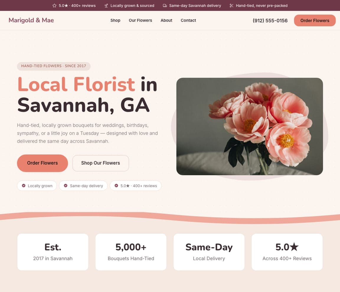 Marigold & Mae — Flower Shop Template website design you can build with Zarla