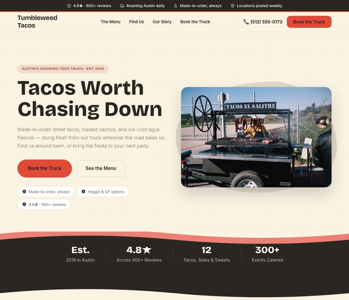 Tumbleweed Tacos — Adaptable Template website design you can build with Zarla