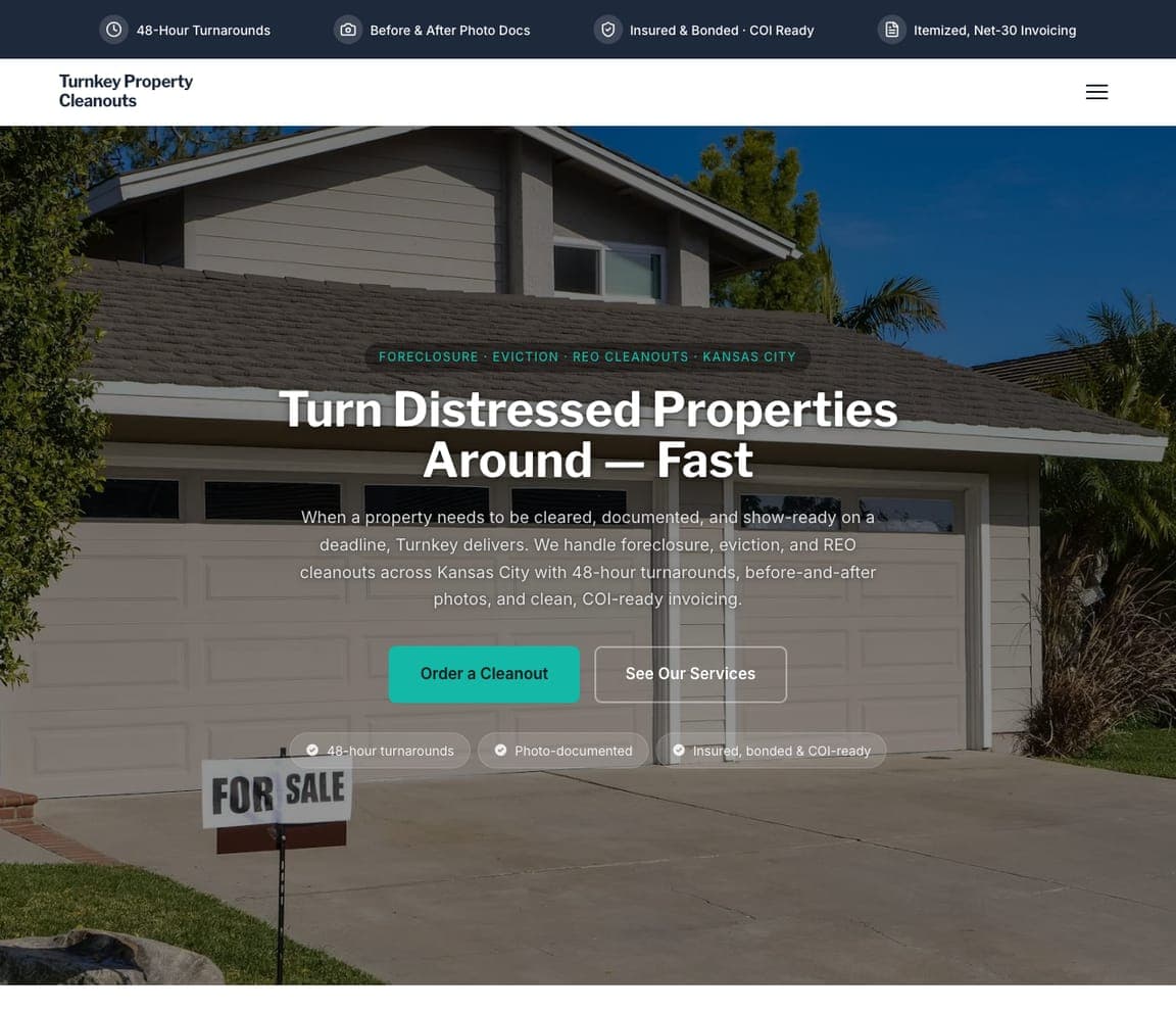 Turnkey Property Cleanouts — Foreclosure & REO Cleanouts website design you can build with Zarla