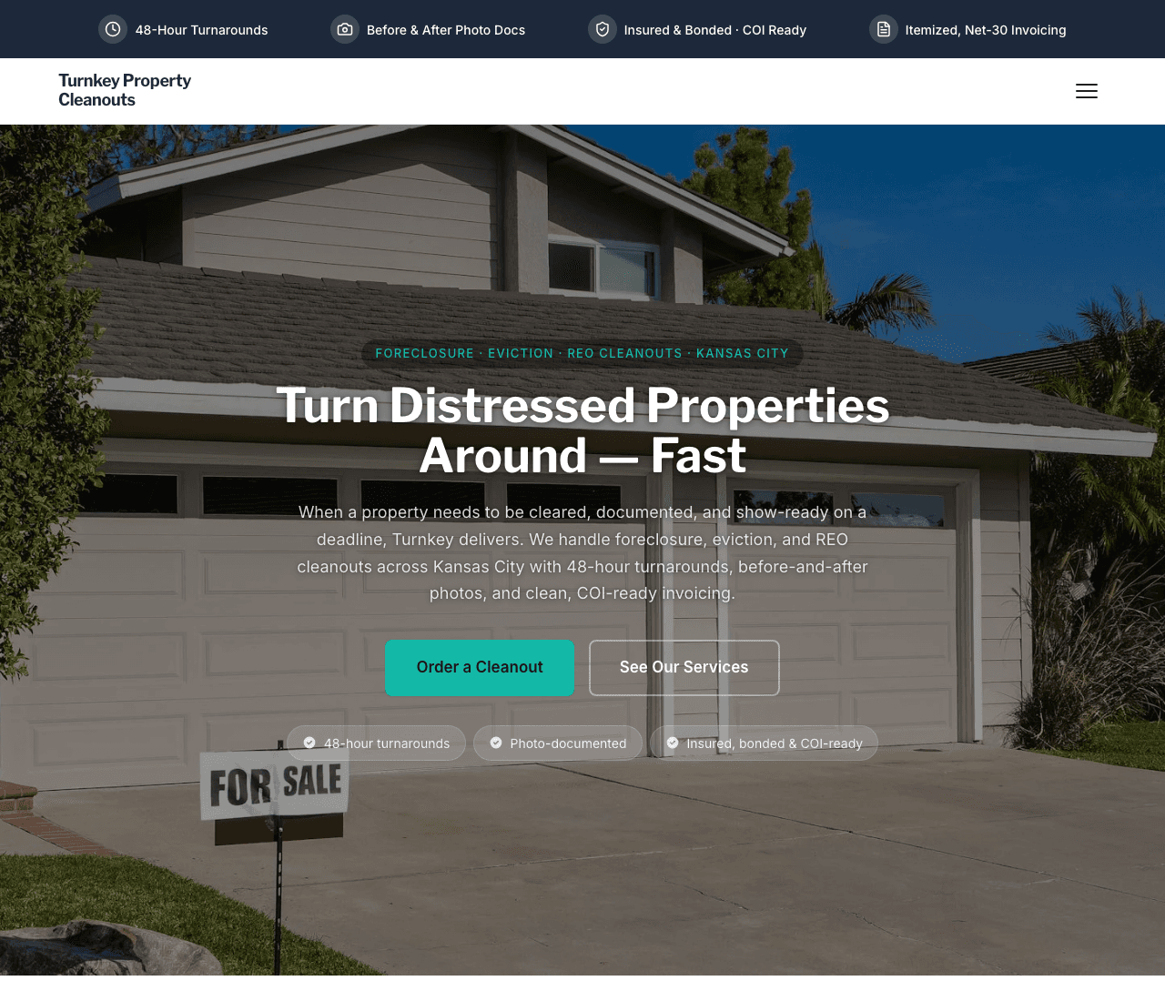 Turnkey Property Cleanouts — Foreclosure & REO Cleanouts website design you can build with Zarla