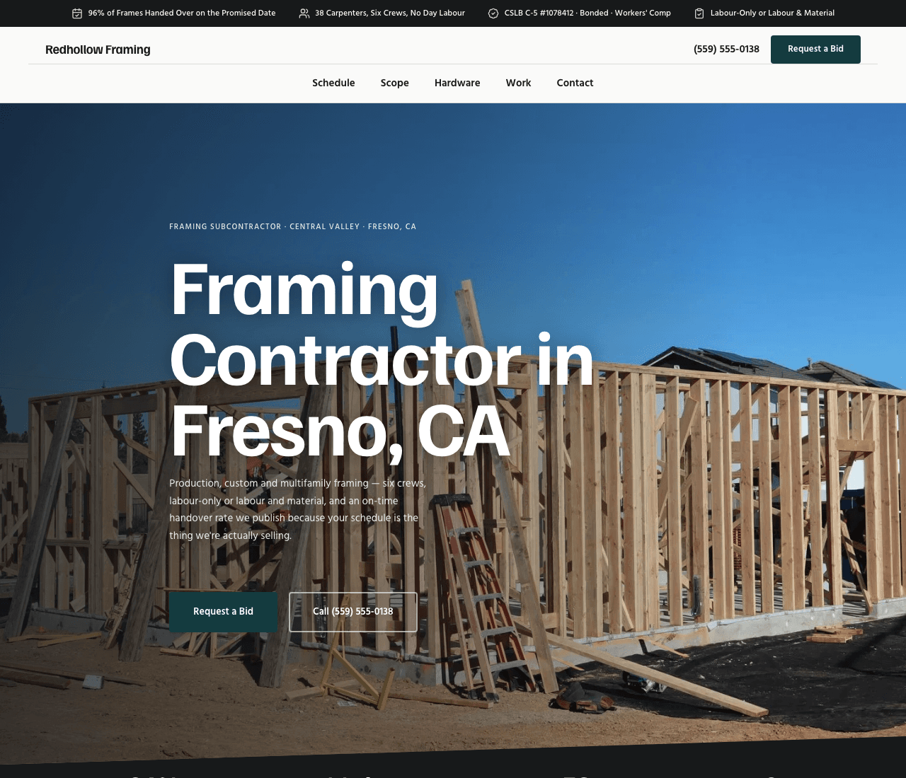 Redhollow Framing — Framing Subcontractor Template website design you can build with Zarla