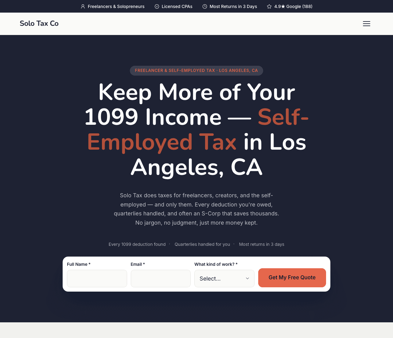 Solo Tax Co — Self-Employed Tax Template website design you can build with Zarla