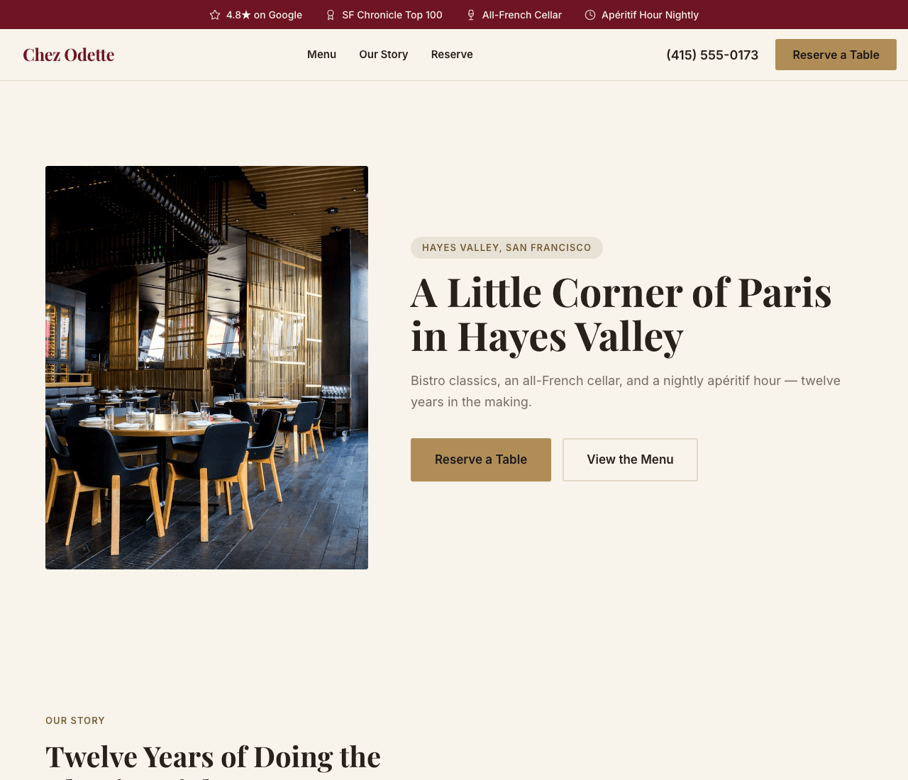 Chez Odette — French Bistro website design you can build with Zarla