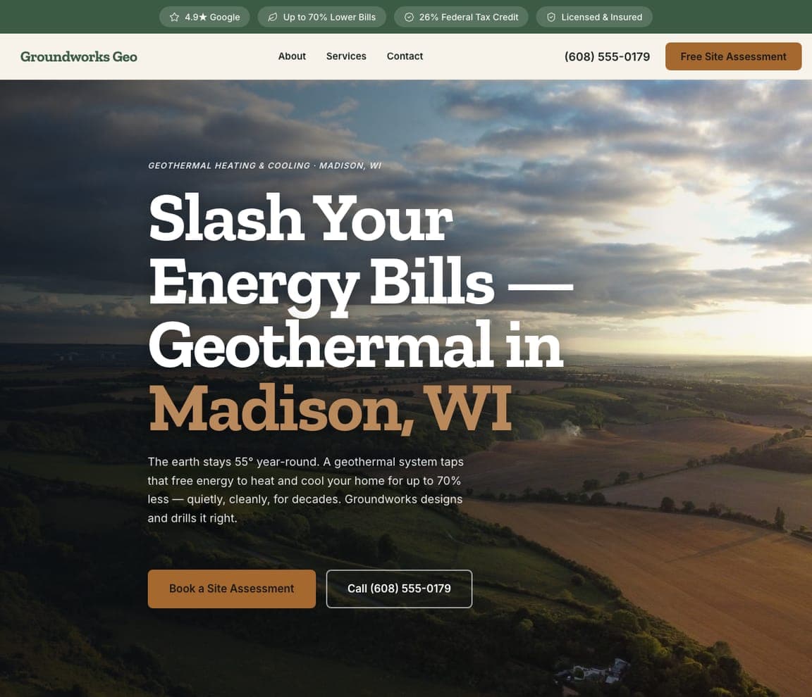 Groundworks Geo — Geothermal website design you can build with Zarla