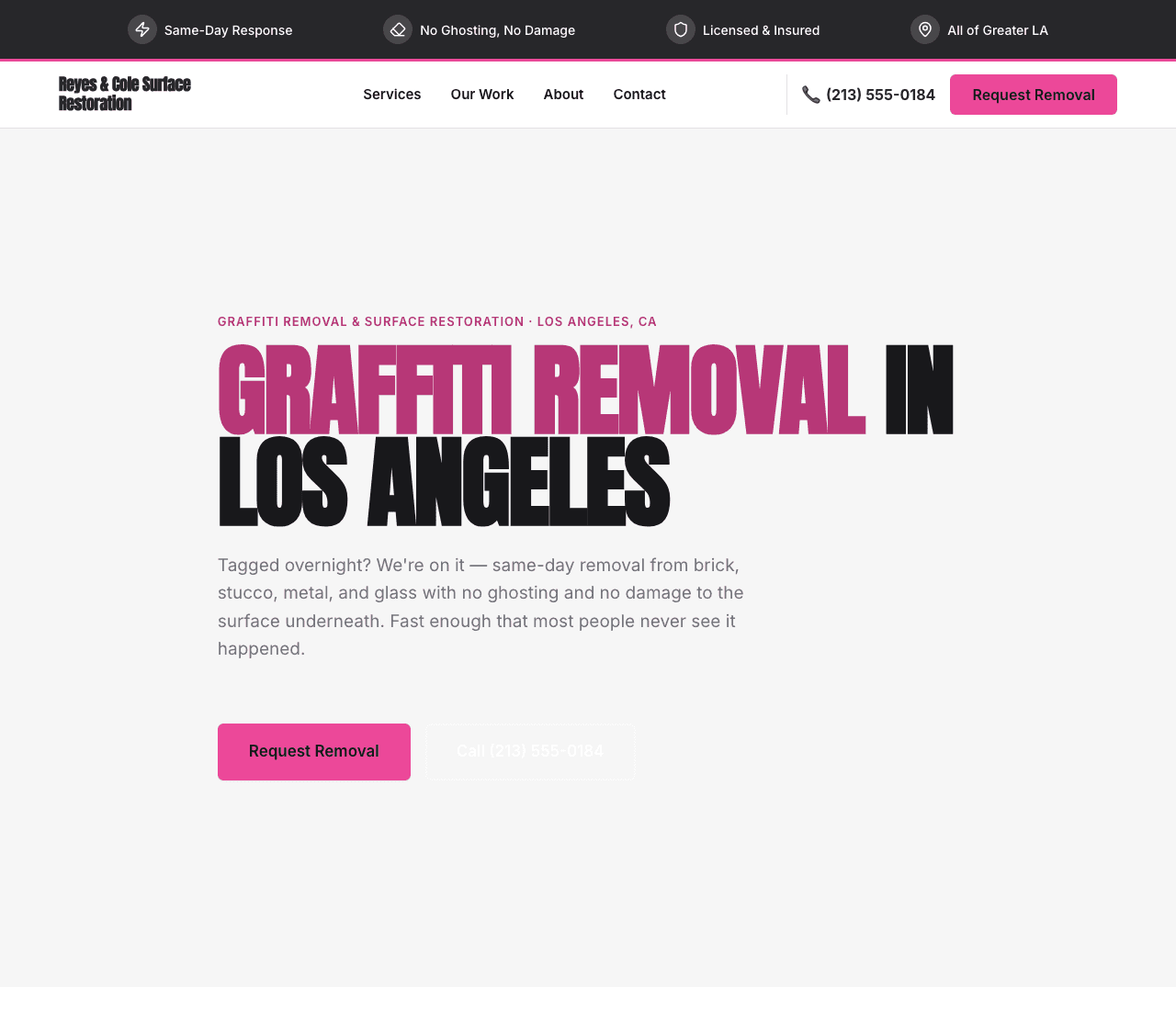 Reyes & Cole Surface Restoration — Graffiti Removal website design you can build with Zarla