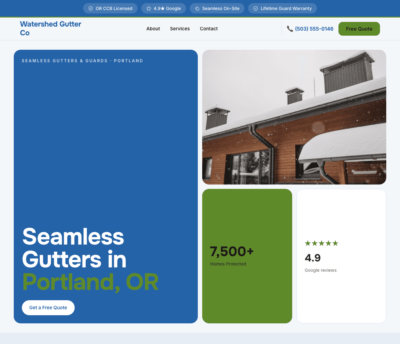 Watershed Gutter Co — Gutters & Guards website design you can build with Zarla