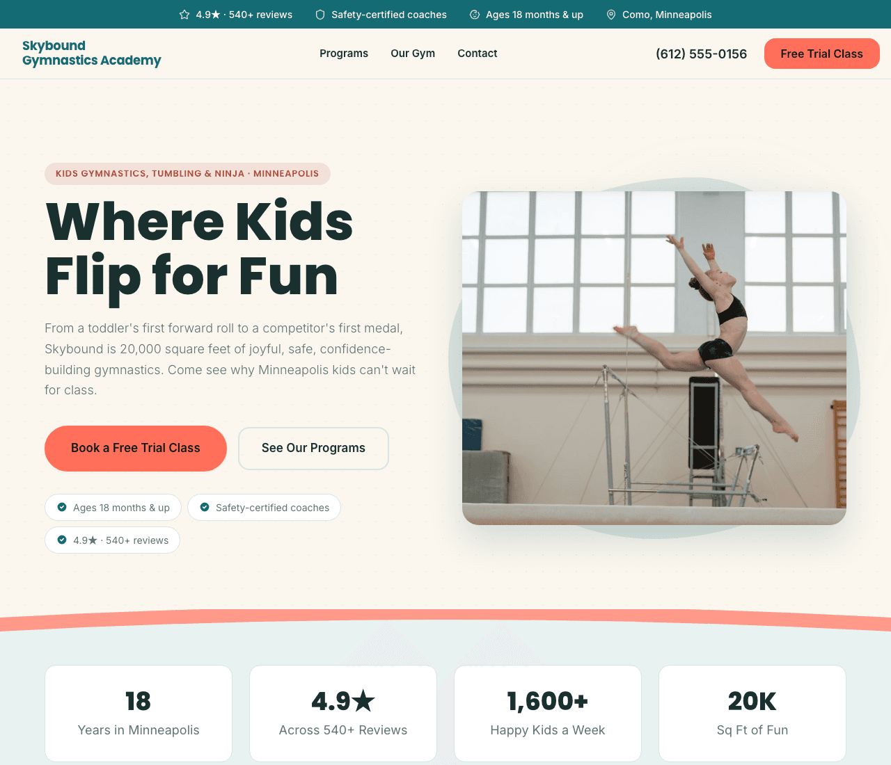 Skybound Gymnastics Academy — Gymnastics Template website design you can build with Zarla