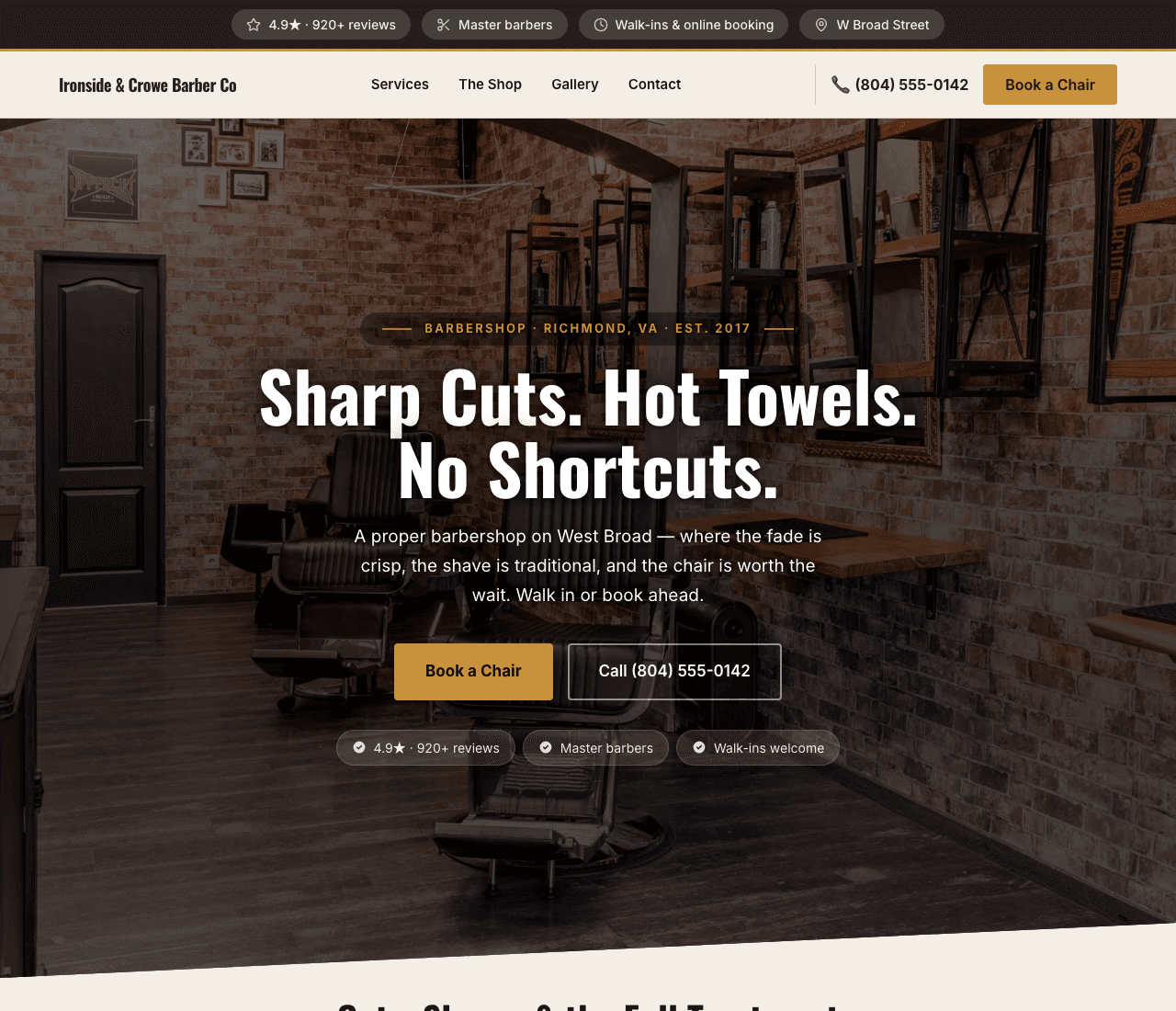 Ironside & Crowe Barber Co — Heritage Barbershop website design you can build with Zarla