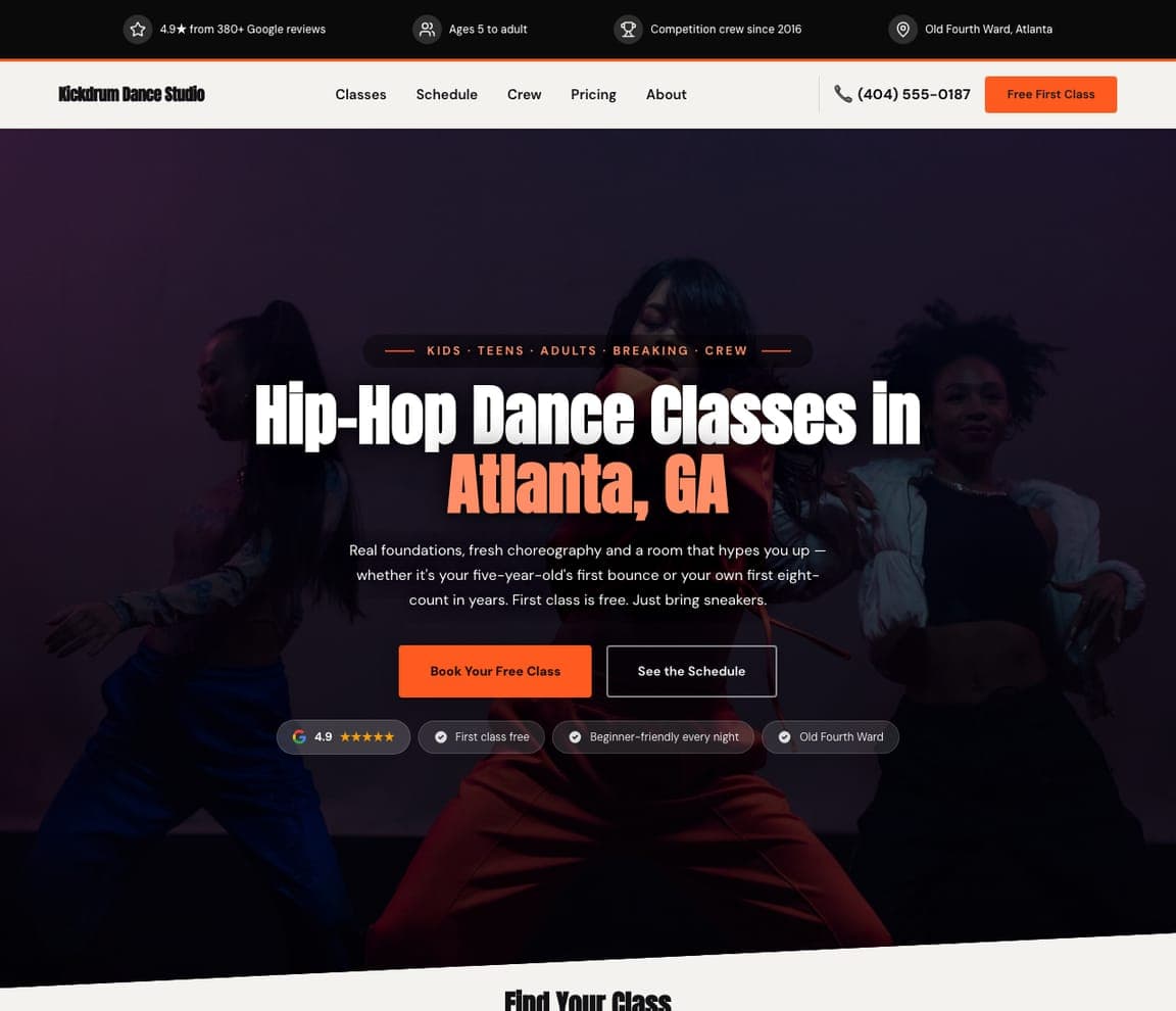 Kickdrum Dance Studio — Hip-Hop Studio website design you can build with Zarla