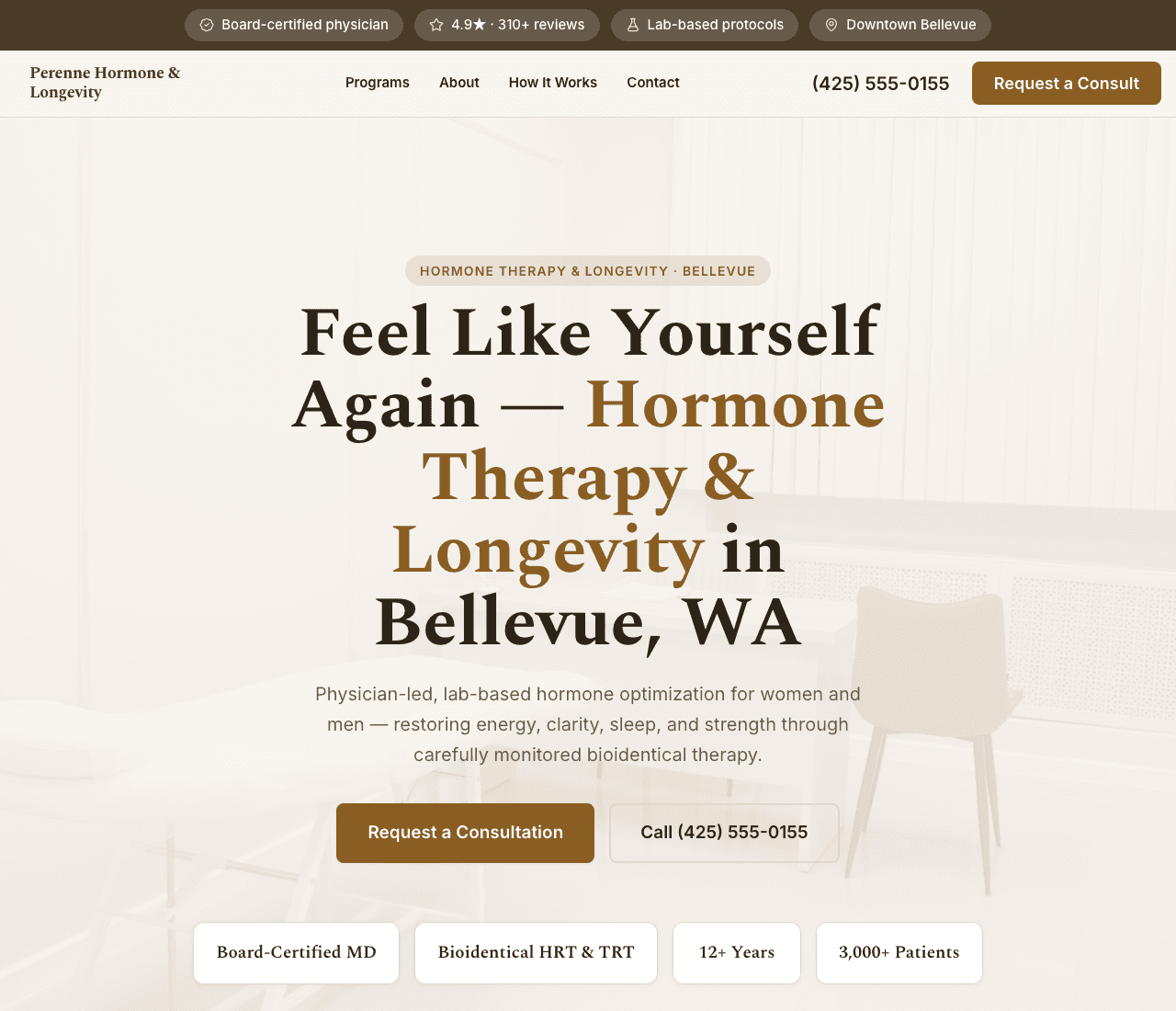 Perenne Hormone & Longevity — Longevity Clinic Template website design you can build with Zarla