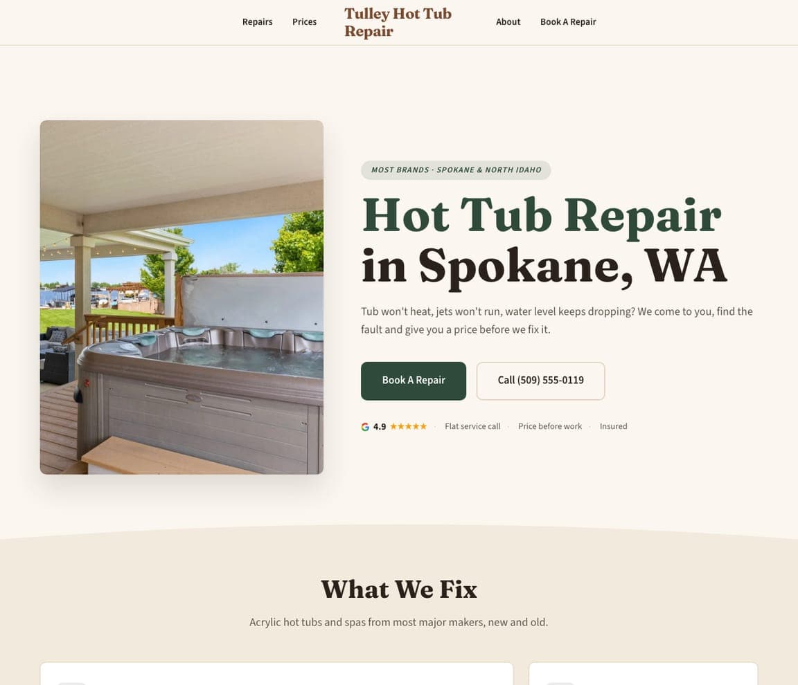 Tulley Hot Tub Repair — Hot Tub Repair Template website design you can build with Zarla