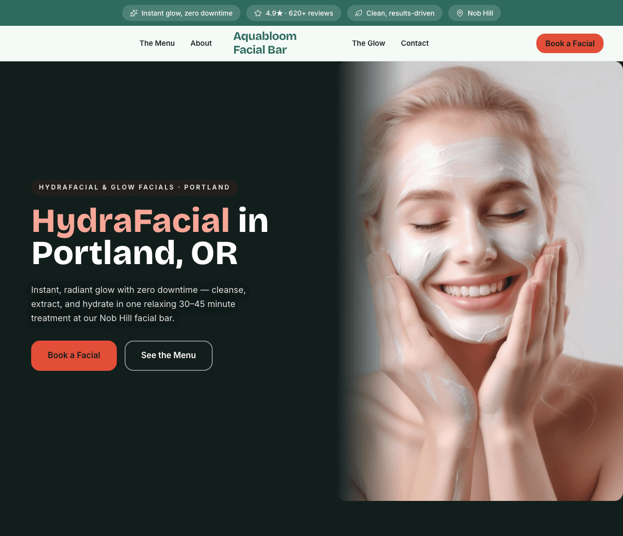 Aquabloom Facial Bar — Facial Bar Template website design you can build with Zarla