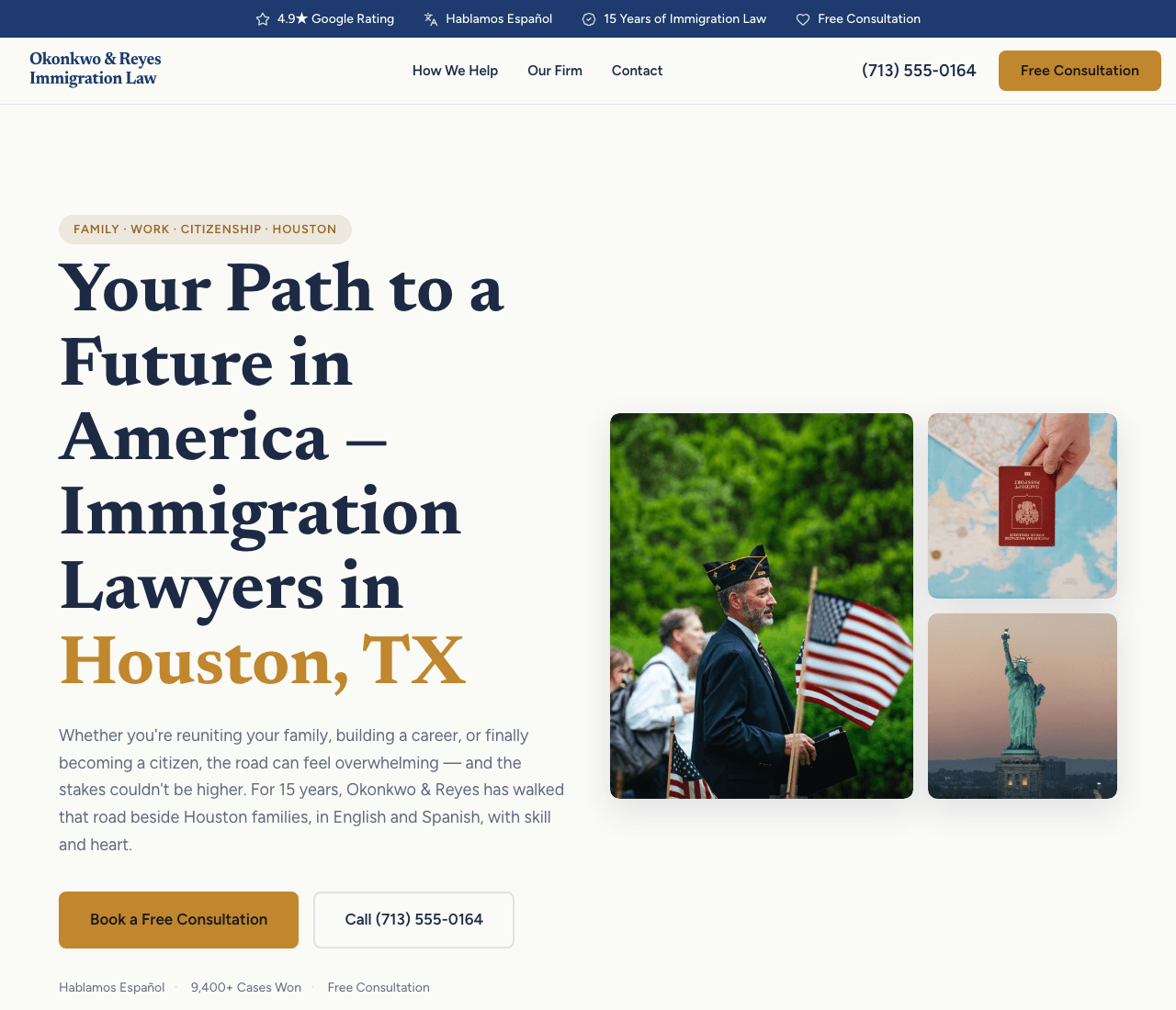 Okonkwo & Reyes Immigration Law — Immigration Law website design you can build with Zarla