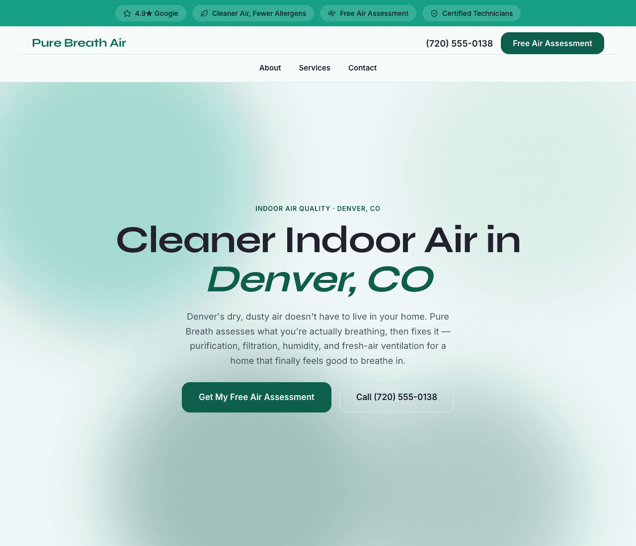 Pure Breath Air — Indoor Air Quality website design you can build with Zarla