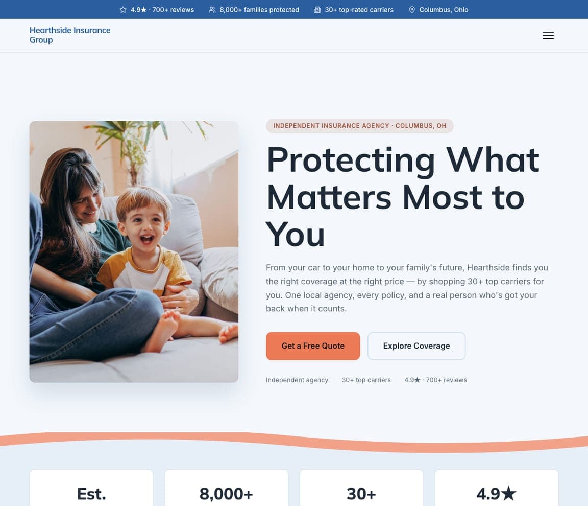 Hearthside Insurance Group — Independent Agency website design you can build with Zarla