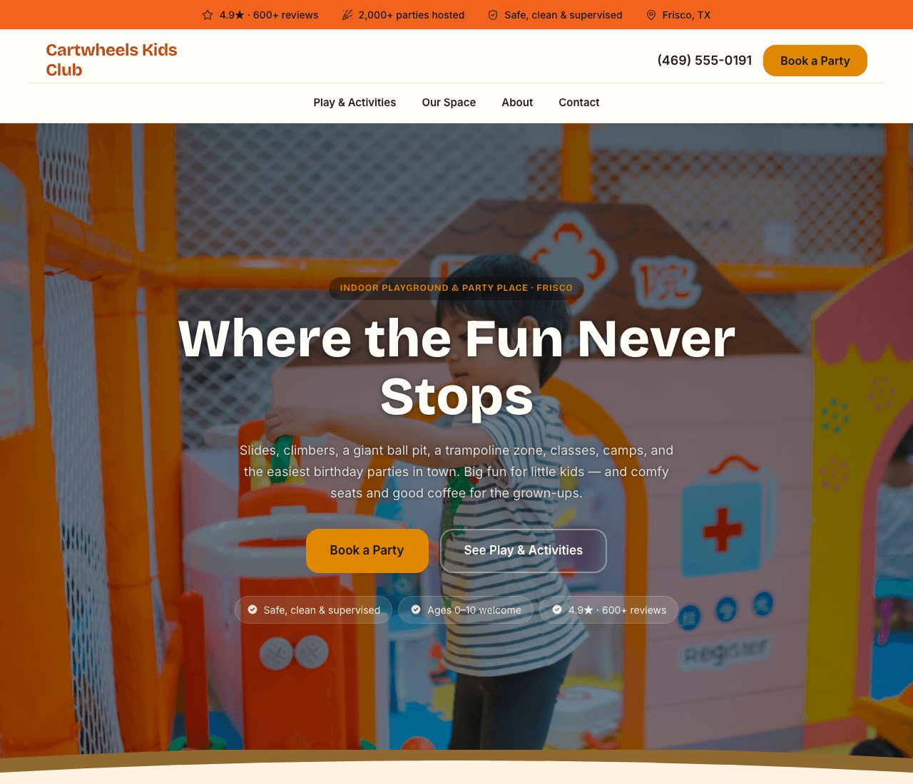 Cartwheels Kids Club — Kids Activities Template website design you can build with Zarla