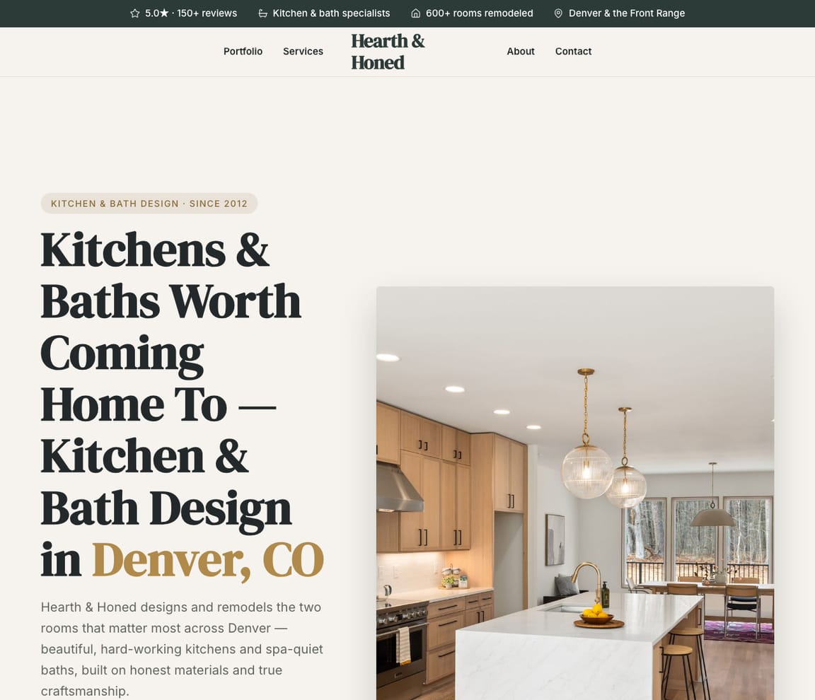 Hearth & Honed — Kitchen & Bath website design you can build with Zarla