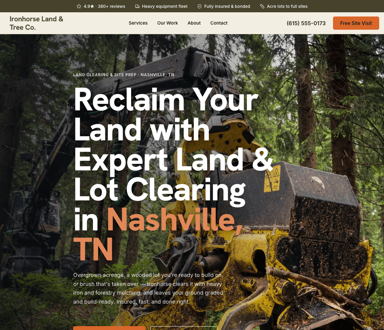 Ironhorse Land & Tree Co. — Land Clearing website design you can build with Zarla