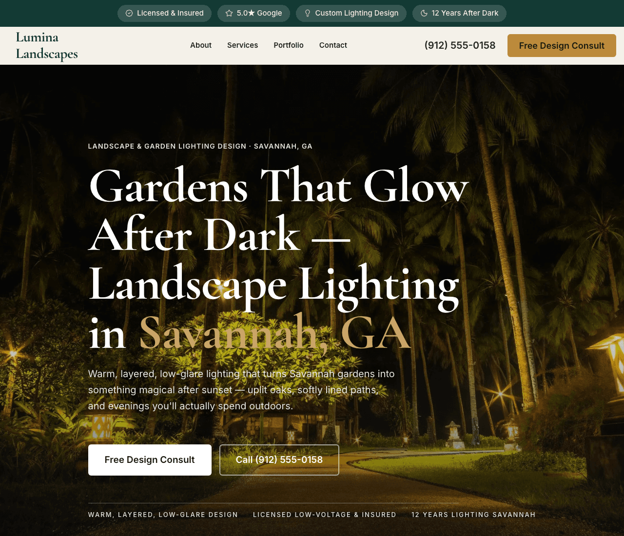 Lumina Landscapes — Landscape Lighting website design you can build with Zarla