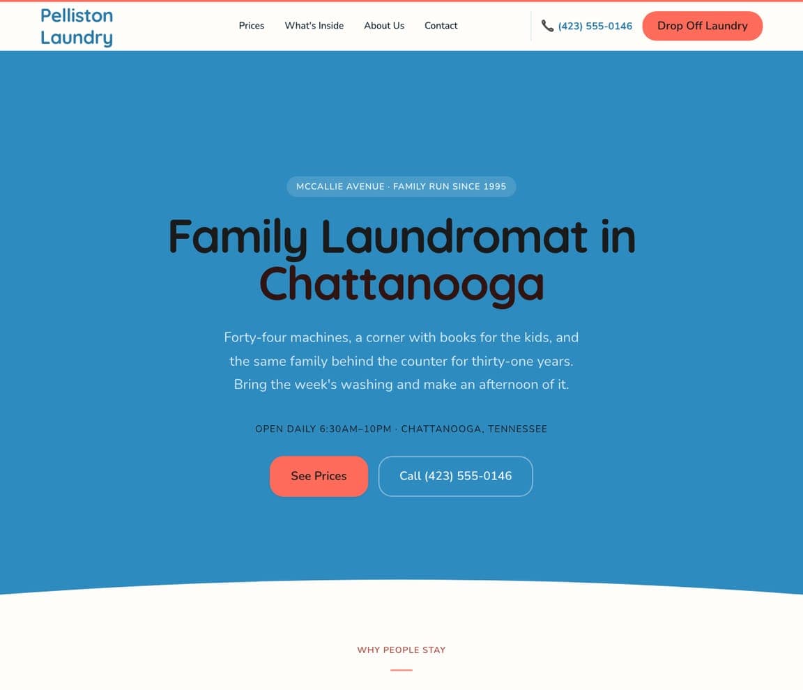 Pelliston Laundry — Family Laundromat website design you can build with Zarla