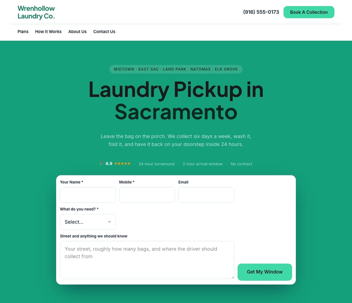 Wrenhollow Laundry Co. — Pickup & Delivery website design you can build with Zarla