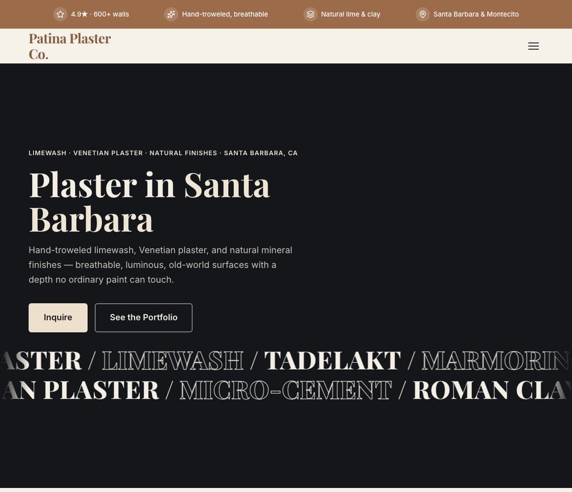Patina Plaster Co. — Limewash & Plaster website design you can build with Zarla