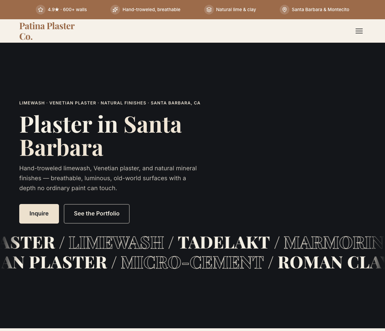 Patina Plaster Co. — Limewash & Plaster website design you can build with Zarla
