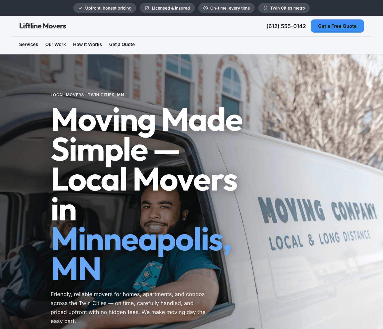 Liftline Movers — Friendly Movers Template website design you can build with Zarla