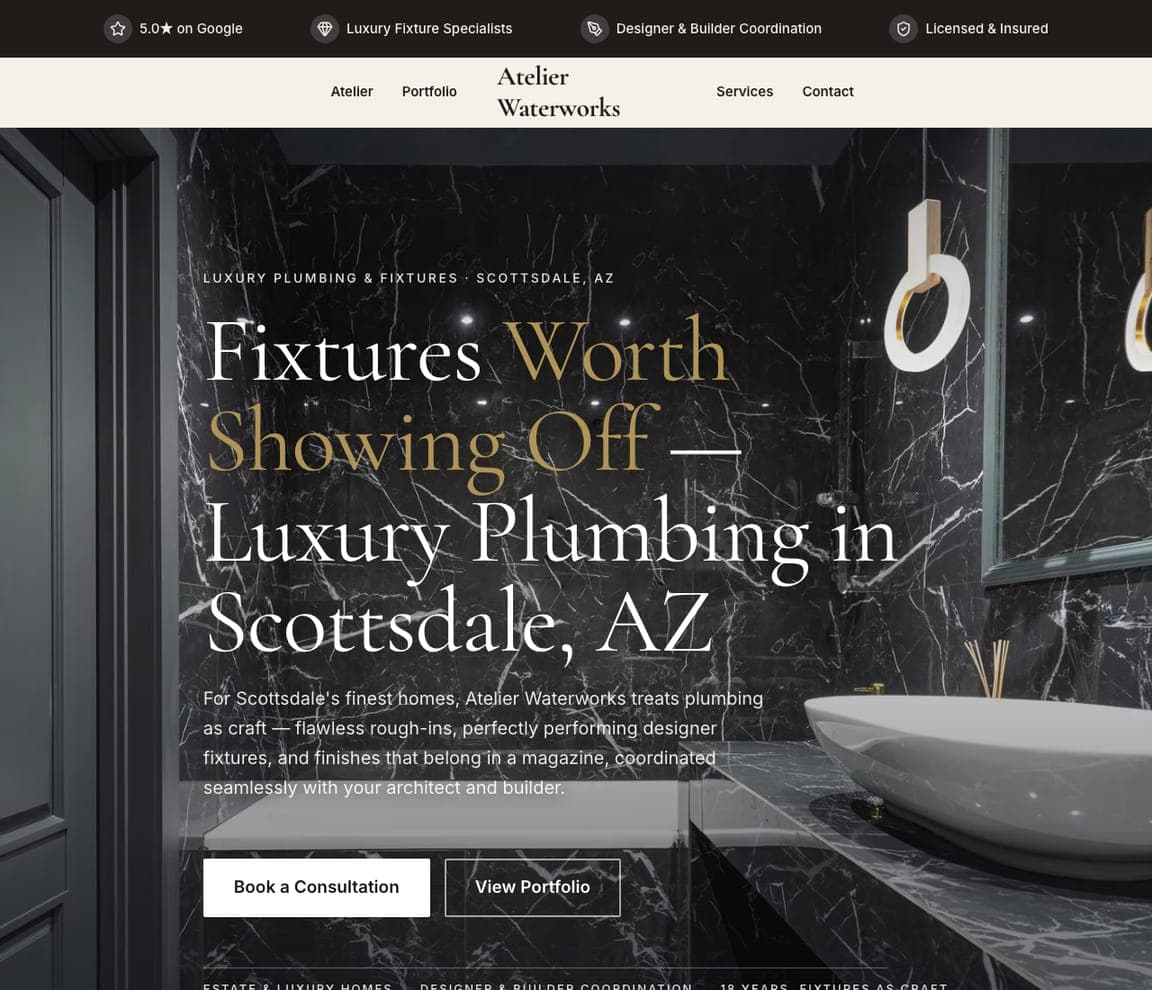 Atelier Waterworks — Luxury Fixtures website design you can build with Zarla