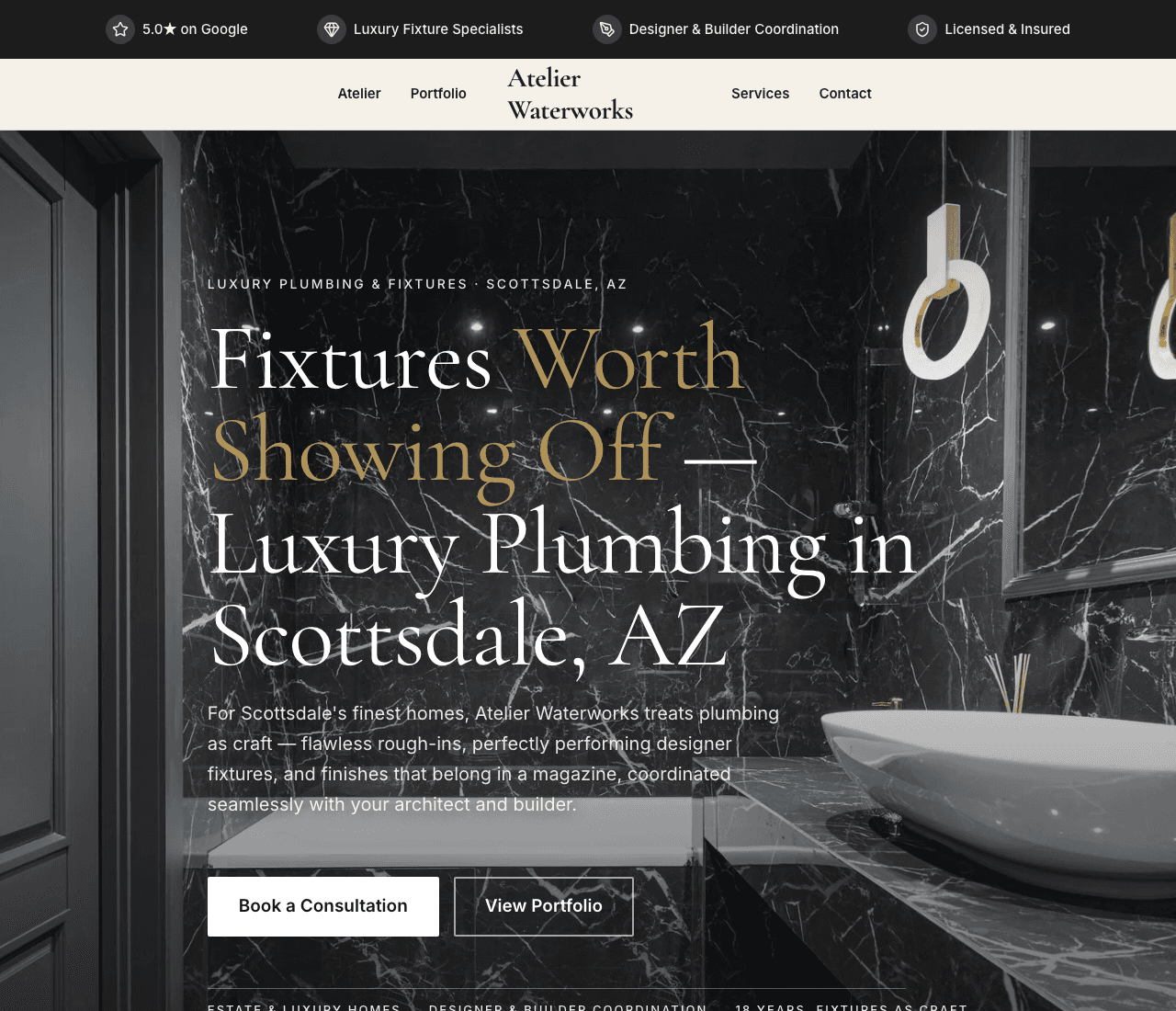 Atelier Waterworks — Luxury Fixtures website design you can build with Zarla