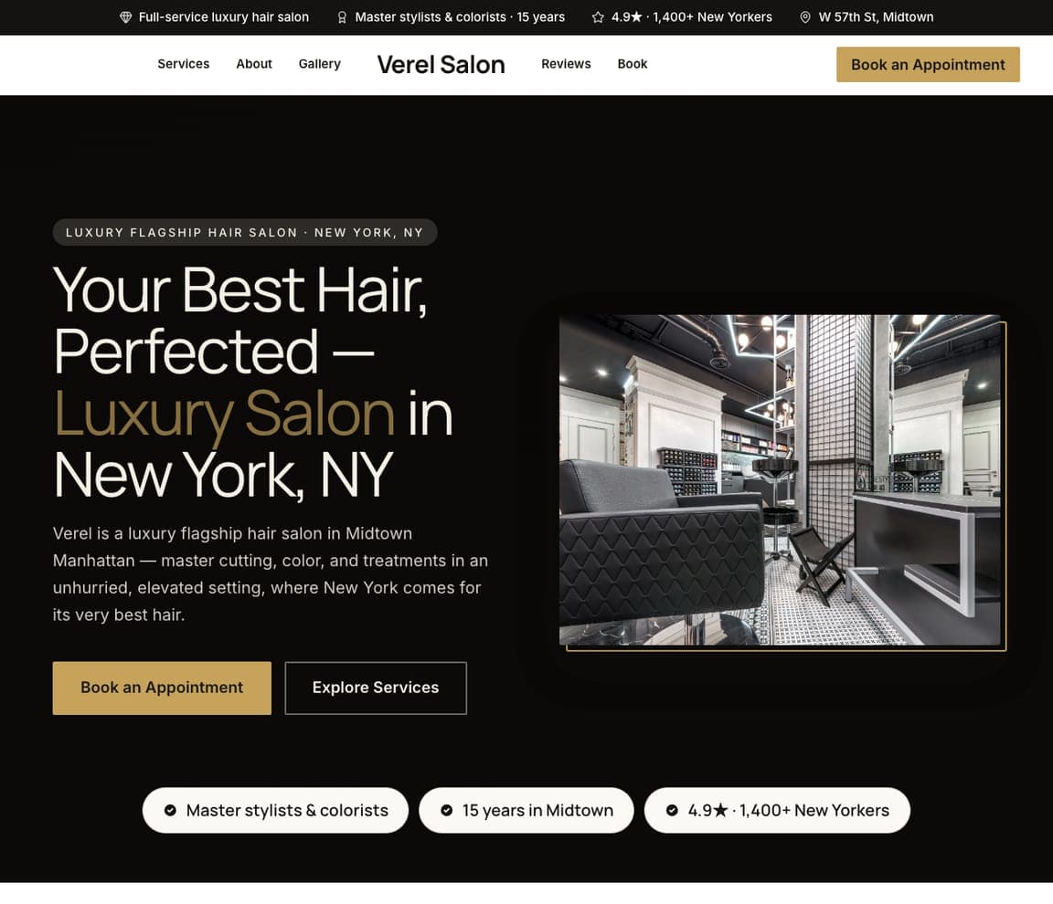 Verel Salon — Luxury Salon website design you can build with Zarla
