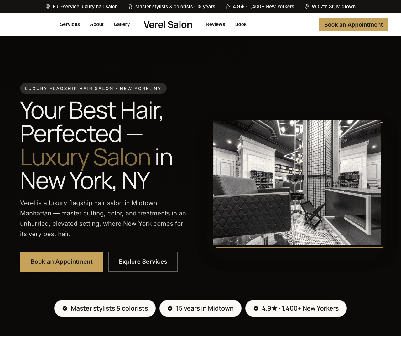 Verel Salon — Luxury Salon website design you can build with Zarla