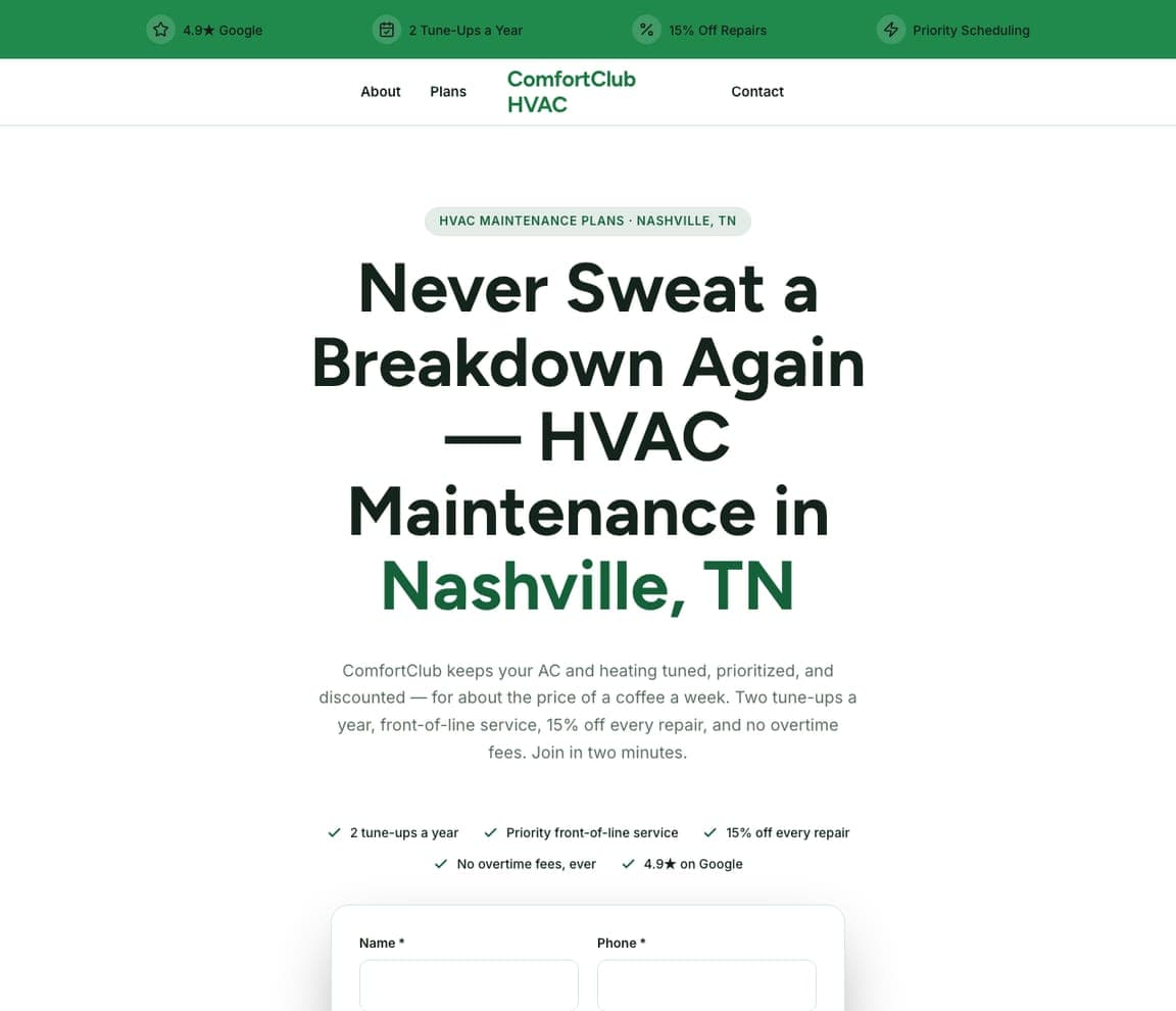 ComfortClub HVAC — Maintenance Plans website design you can build with Zarla
