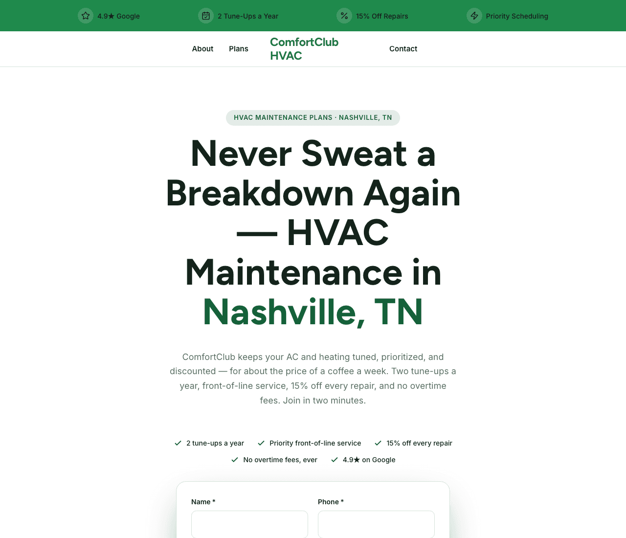 ComfortClub HVAC — Maintenance Plans website design you can build with Zarla