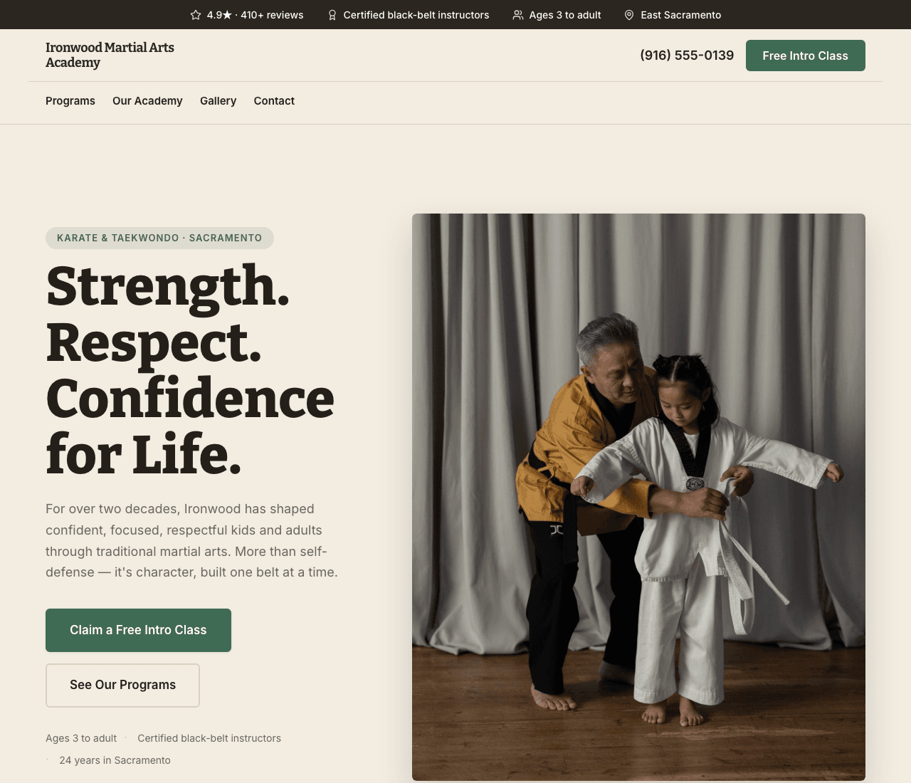 Ironwood Martial Arts Academy — Martial Arts Template website design you can build with Zarla