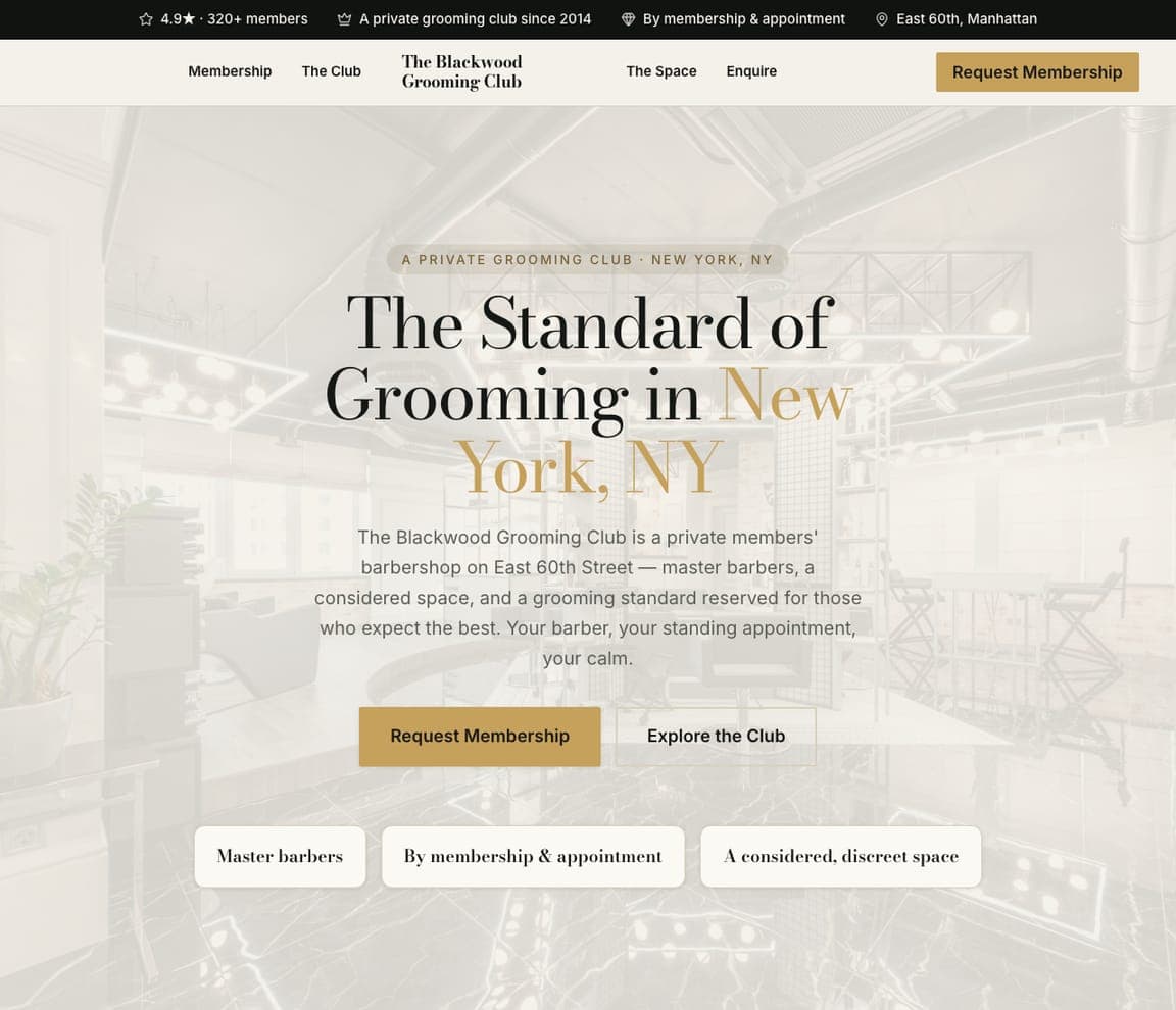The Blackwood Grooming Club — Members Club Template website design you can build with Zarla