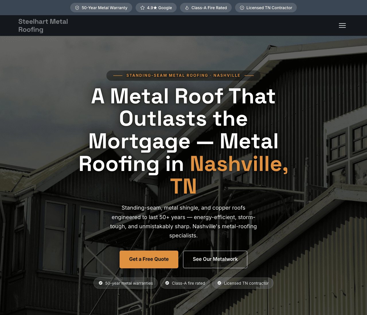 Steelhart Metal Roofing — Metal Roofing website design you can build with Zarla