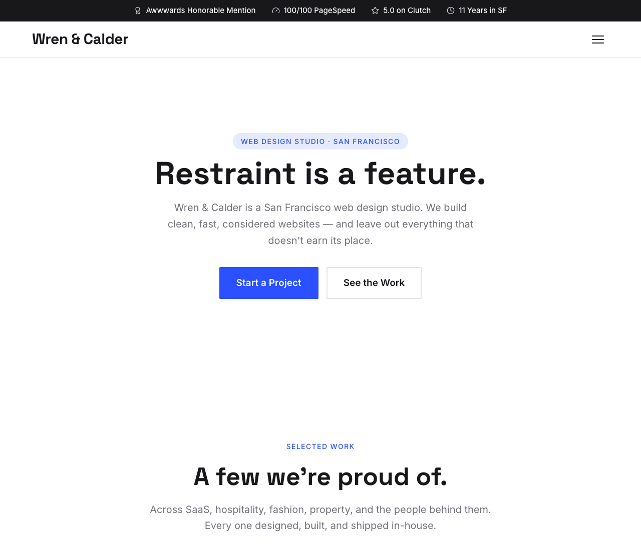 Wren & Calder — Minimal Studio Template website design you can build with Zarla
