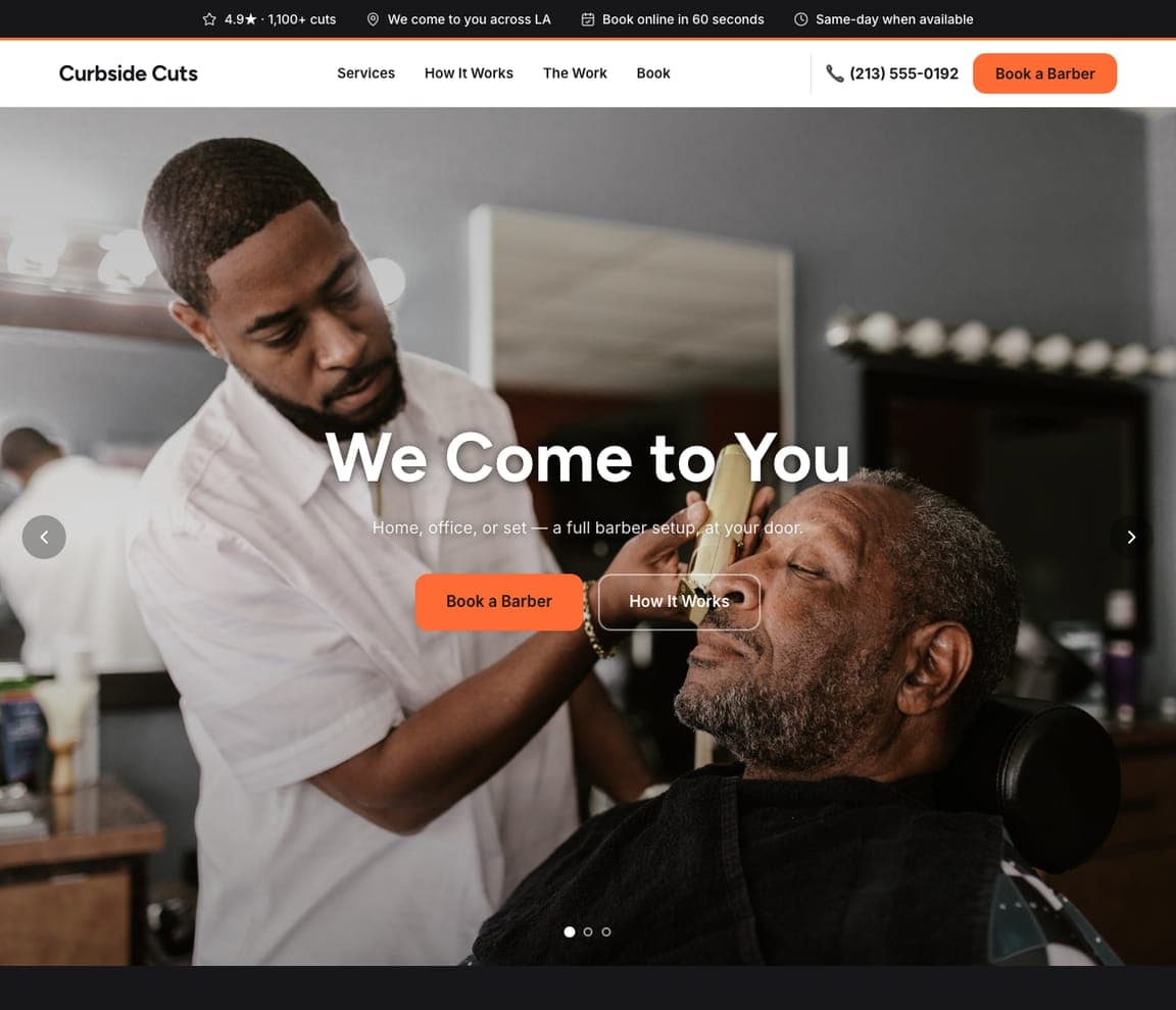 Curbside Cuts — Mobile Barber website design you can build with Zarla