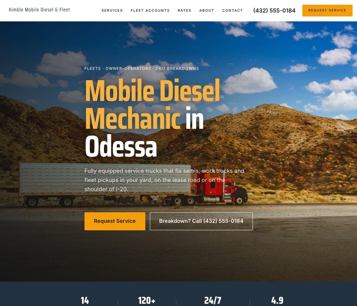Kimble Mobile Diesel & Fleet — Mobile Diesel & Fleet website design you can build with Zarla