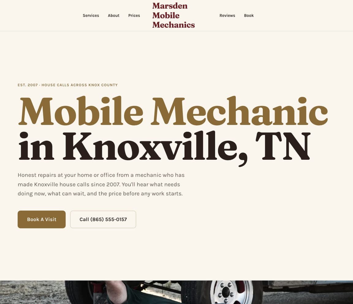 Marsden Mobile Mechanics — Owner-Operator Mechanic website design you can build with Zarla