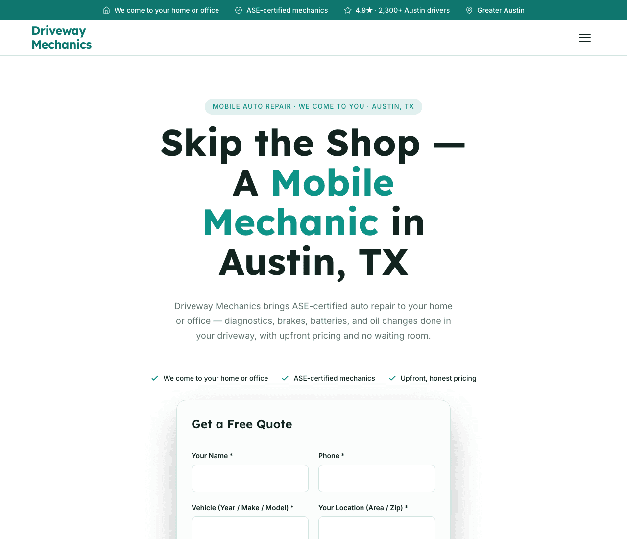 Driveway Mechanics — Mobile Service Template website design you can build with Zarla