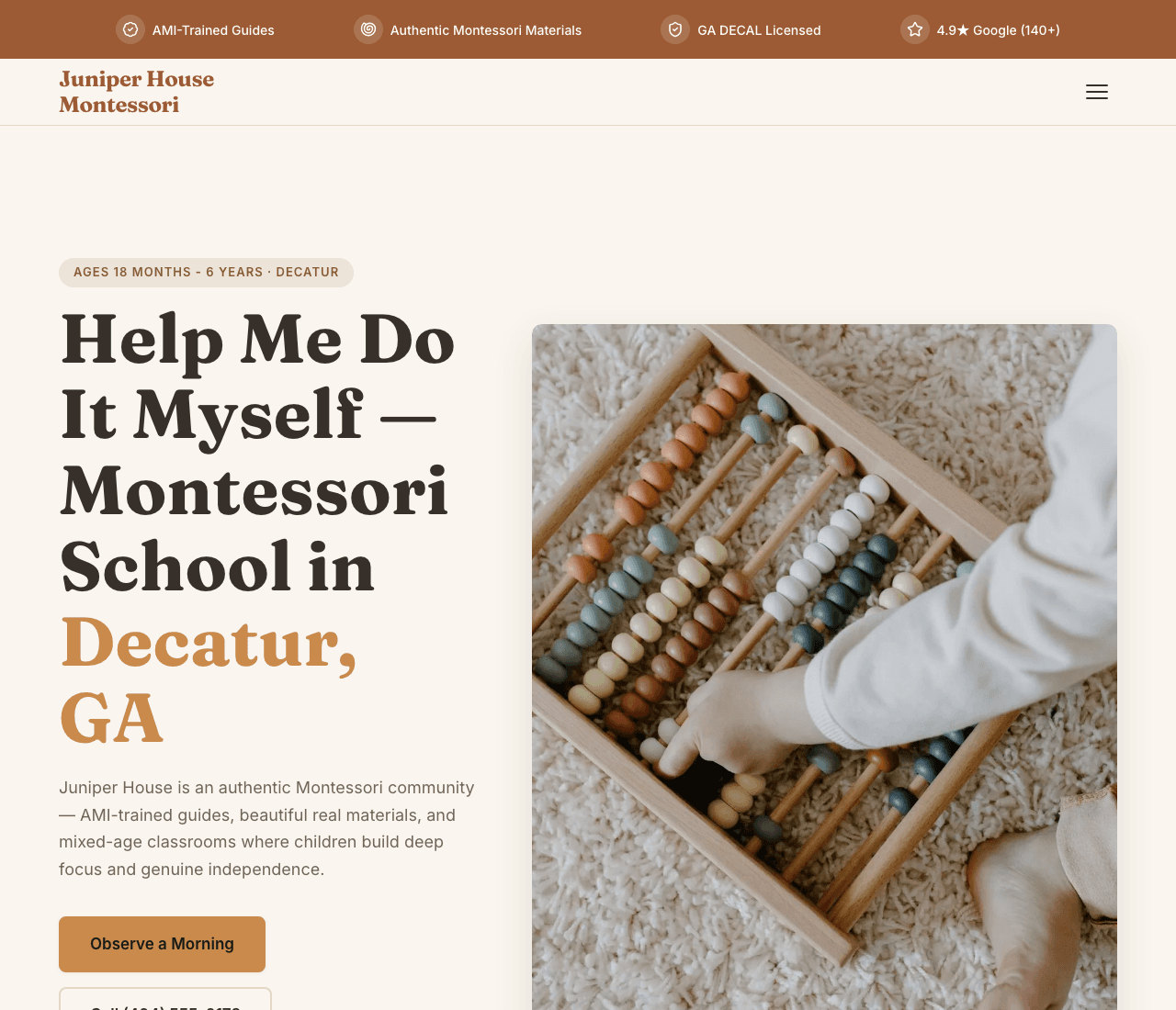 Juniper House Montessori — Montessori website design you can build with Zarla