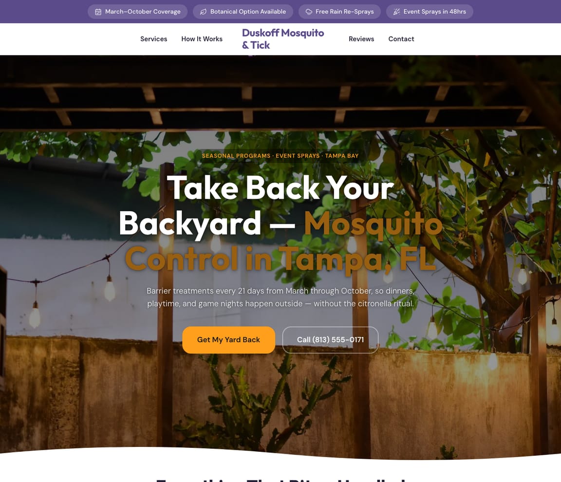 Duskoff Mosquito & Tick — Mosquito Control website design you can build with Zarla