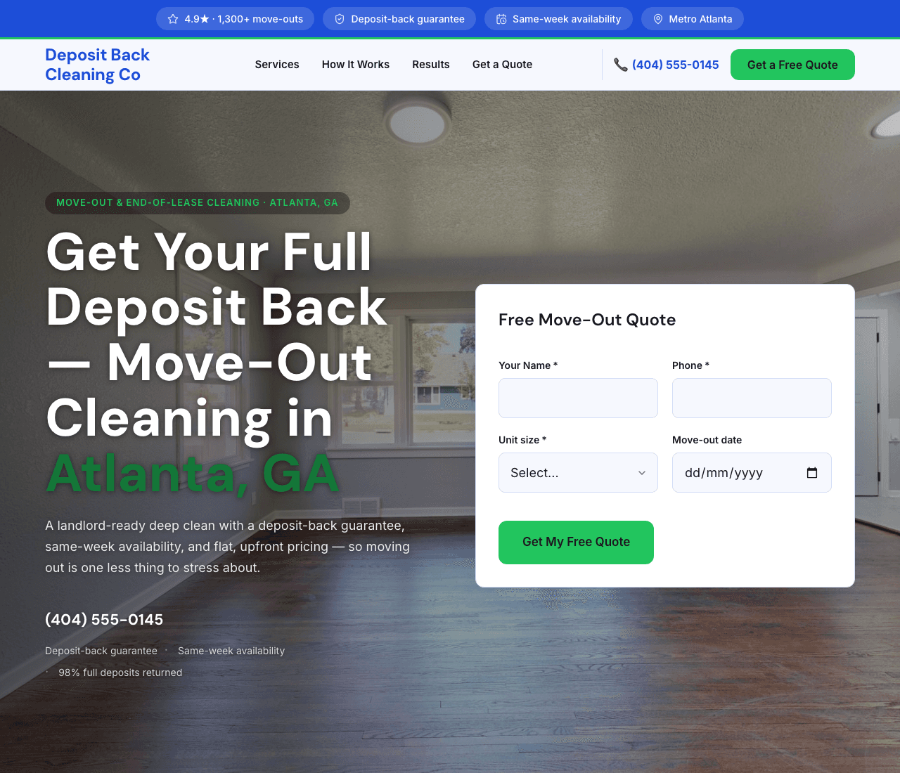 Deposit Back Cleaning Co — Move-Out Cleaning website design you can build with Zarla