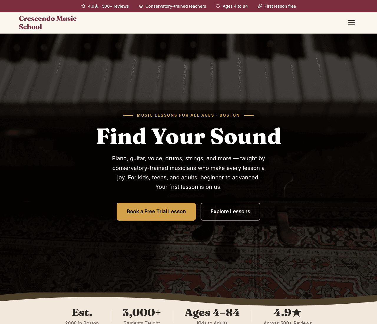 Crescendo Music School — Music School Template website design you can build with Zarla