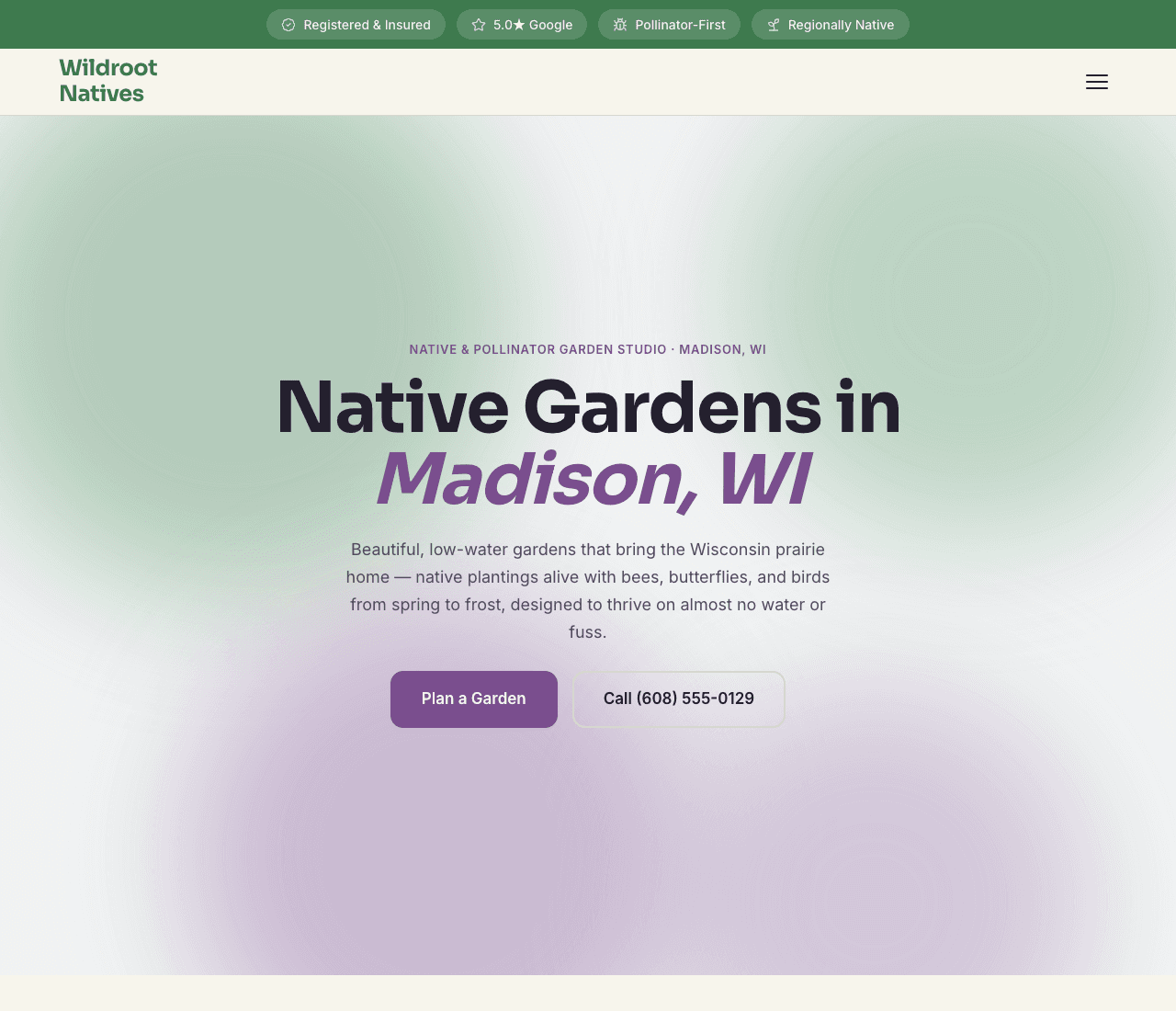 Wildroot Natives — Native & Pollinator Gardens website design you can build with Zarla