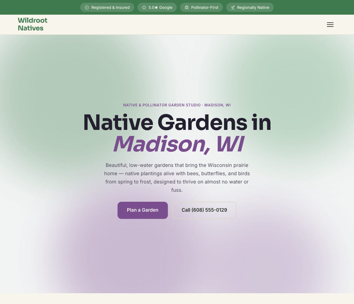 Wildroot Natives — Native & Pollinator Gardens website design you can build with Zarla