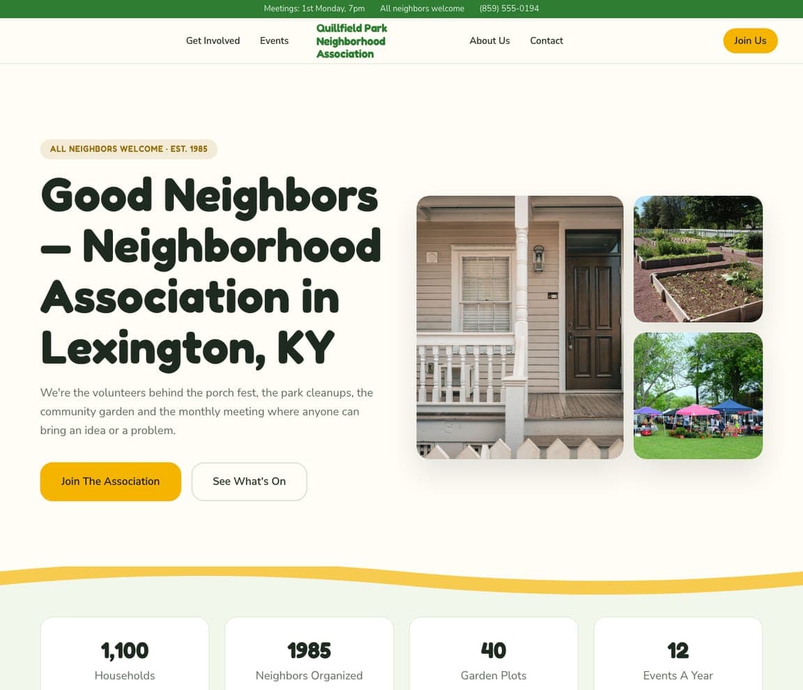 Quillfield Park Neighborhood Association — Neighborhood Association website design you can build with Zarla