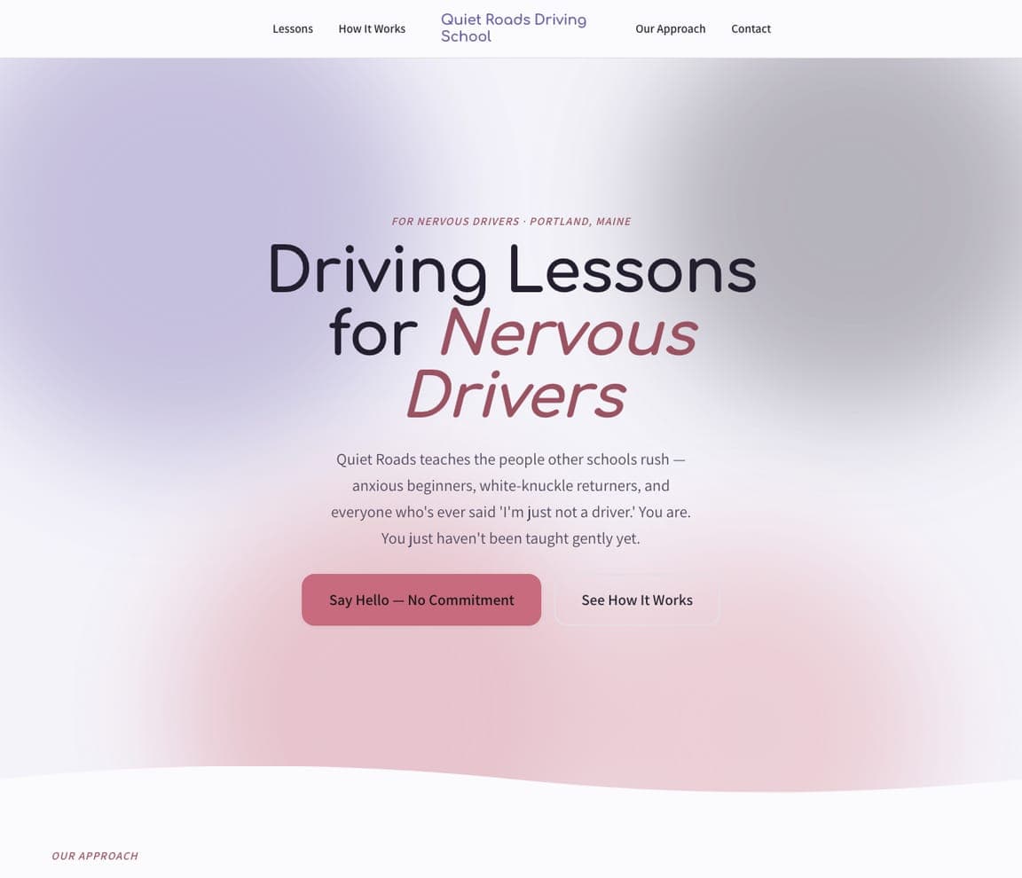 Quiet Roads Driving School — Nervous Drivers website design you can build with Zarla